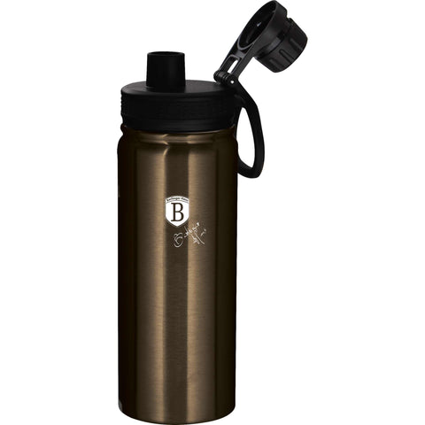 Product image of Sport bottle 540ml. Part of the Metallic Line Shiny Black Edition . Features: • Material: inner body 18/10 stainless steel • Capacity: 540 ml • Color: metallic black • Packing: half giftbox. (Studio view). Official Berlinger Haus product, boosted by Promintra sl.