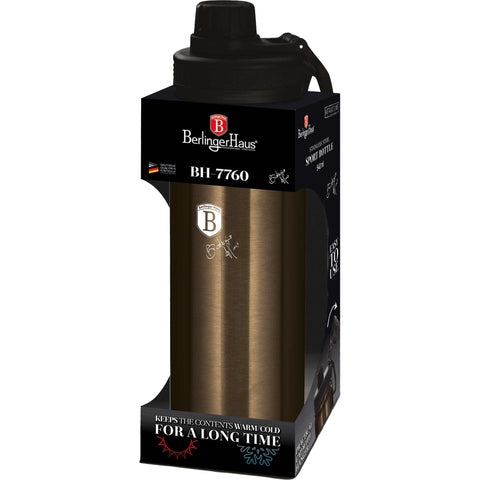 Product image of Sport bottle 540ml. Part of the Metallic Line Shiny Black Edition . Features: • Material: inner body 18/10 stainless steel • Capacity: 540 ml • Color: metallic black • Packing: half giftbox. (Studio view). Official Berlinger Haus product, boosted by Promintra sl.