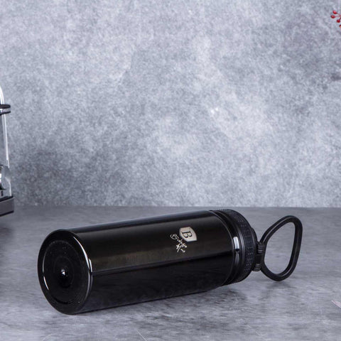Product image of Sport bottle 540ml. Part of the Metallic Line Shiny Black Edition . Features: • Material: inner body 18/10 stainless steel • Capacity: 540 ml • Color: metallic black • Packing: half giftbox. (Studio view). Official Berlinger Haus product, boosted by Promintra sl.