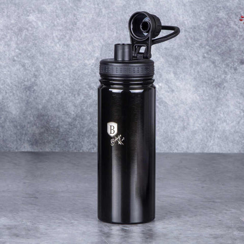 Product image of Sport bottle 540ml. Part of the Metallic Line Shiny Black Edition . Features: • Material: inner body 18/10 stainless steel • Capacity: 540 ml • Color: metallic black • Packing: half giftbox. (Studio view). Official Berlinger Haus product, boosted by Promintra sl.