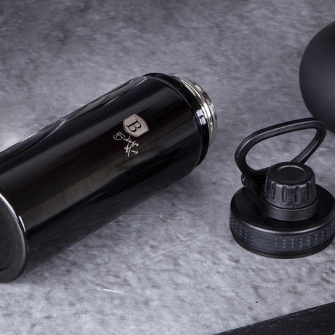 Product image of Sport bottle 540ml. Part of the Metallic Line Shiny Black Edition . Features: • Material: inner body 18/10 stainless steel • Capacity: 540 ml • Color: metallic black • Packing: half giftbox. (Studio view). Official Berlinger Haus product, boosted by Promintra sl.