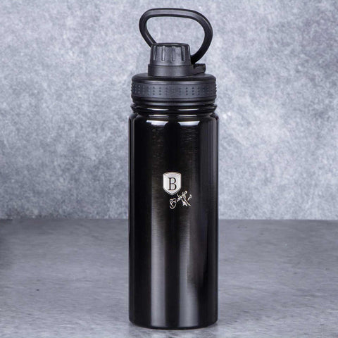 Product image of Sport bottle 540ml. Part of the Metallic Line Shiny Black Edition . Features: • Material: inner body 18/10 stainless steel • Capacity: 540 ml • Color: metallic black • Packing: half giftbox. (Studio view). Official Berlinger Haus product, boosted by Promintra sl.