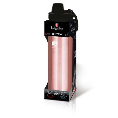Imatge del producte d'ampolla esportiva de 720 ml. Forma part de la col·lecció I-Rose. Característiques: • Material: cos interior d'acer inoxidable 18/10 • Capacitat: 720 ml • Color: rosa metàl·lic • Embalatge: mitja caixa de regal. (Vista d'estudi). Producte oficial de Berlinger, impulsat per Promintra sl.