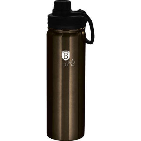 Imagem do produto: Garrafa esportiva de 720ml. Parte da linha Metallic Line Shiny Black Edition. Características: • Material: corpo interno em aço inoxidável 18/10 • Capacidade: 720ml • Cor: preto metálico • Embalagem: meia caixa de presente. (Imagem ilustrativa). Produto oficial Berlinger Haus, com o apoio da Promintra sl.
