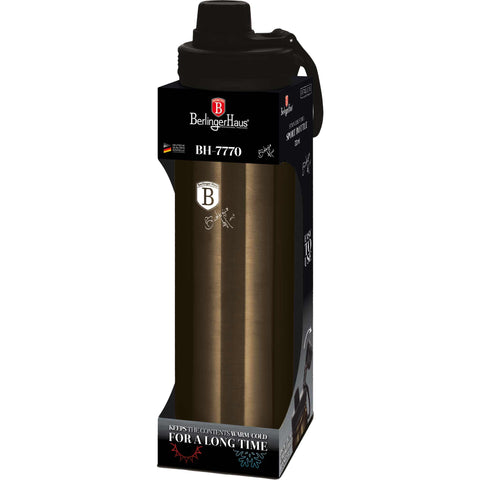 Product image of Sport bottle 720ml. Part of the Metallic Line Shiny Black Edition . Features: • Material: inner body 18/10 stainless steel • Capacity: 720 ml • Color: metallic black • Packing: half giftbox. (Studio view). Official Berlinger Haus product, boosted by Promintra sl.
