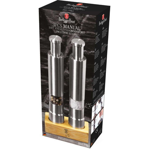 Product image of 2pcs salt and pepper mill set with bamboo stand. Part of the Black Vantage Collection/Matte Black Collection/Black Silver Collection/Eternal Collection . Features: • Material: 18/10 stainless steel with bamboo stand • Color: stainless steel. (Conceptual view). Official Berlinger Haus product, boosted by Promintra sl.