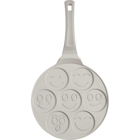 Product image of 7holes emoji pancake pan 26cm. Part of the Sahara Collection . Features: • Material: cast aluminium • Pancake pan Ø26*1,3 cm • Color: matt cream. (Studio view). Official Berlinger Haus product, boosted by Promintra sl.