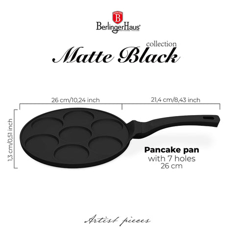 BH/7793, BH/1444, molde para panqueques de 7 agujeros, 26 cm, negro, molde para panqueques, aluminio fundido, molde para panqueques, molde para panqueques con agujeros, utensilios de cocina, cocina, Berlinger Haus, Promintra, caja de regalo, concepto, estilo de vida