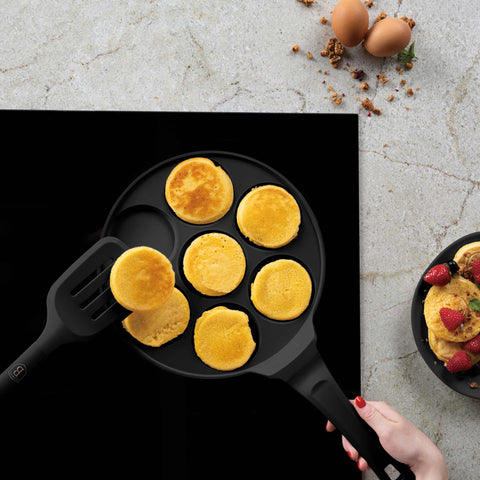 BH/7793, BH/1444, Molde para panqueques de 7 agujeros, 26 cm, negro, molde para panqueques, aluminio fundido, molde para panqueques con agujeros, utensilios de cocina, cocina, sartenes, molde para crepes/panqueques