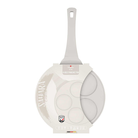 Product image of 4holes blank pancake pan 26cm. Part of the Sahara Collection . Features: • Material: cast aluminium • Pancake pan Ø26*1,3 cm • Color: matt cream. (Studio view). Official Berlinger Haus product, boosted by Promintra sl.