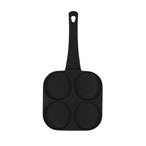 Imatge del producte de safata per a hamburgueses de 4 forats de 20 cm. Forma part de la col·lecció Matte Black/Black Rose. Característiques: • Material: alumini fos • Safata per a creps de Ø20*2,2 cm • Color: negre mat. (Vista d'estudi). Producte oficial de Berlinger, impulsat per Promintra sl.