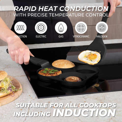 Imatge del producte de safata per a hamburgueses de 4 forats de 20 cm. Forma part de la col·lecció Matte Black/Black Rose. Característiques: • Material: alumini fos • Safata per a creps de Ø20*2,2 cm • Color: negre mat. (Vista d'estudi). Producte oficial de Berlinger, impulsat per Promintra sl.