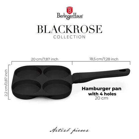 Imatge del producte de safata per a hamburgueses de 4 forats de 20 cm. Forma part de la col·lecció Matte Black/Black Rose. Característiques: • Material: alumini fos • Safata per a creps de Ø20*2,2 cm • Color: negre mat. (Vista d'estudi). Producte oficial de Berlinger, impulsat per Promintra sl.