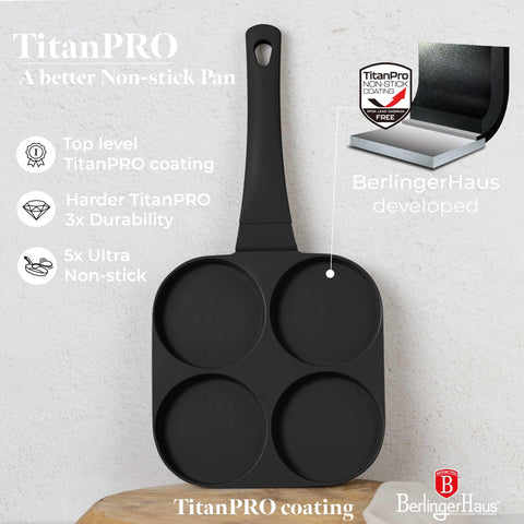 Imatge del producte de safata per a hamburgueses de 4 forats de 20 cm. Forma part de la col·lecció Matte Black/Black Rose. Característiques: • Material: alumini fos • Safata per a creps de Ø20*2,2 cm • Color: negre mat. (Vista d'estudi). Producte oficial de Berlinger, impulsat per Promintra sl.