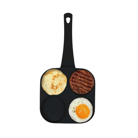Imatge del producte de safata per a hamburgueses de 4 forats de 20 cm. Forma part de la col·lecció Matte Black/Black Rose. Característiques: • Material: alumini fos • Safata per a creps de Ø20*2,2 cm • Color: negre mat. (Vista d'estudi). Producte oficial de Berlinger, impulsat per Promintra sl.