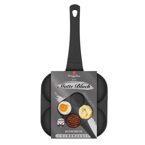 Imatge del producte de safata per a hamburgueses de 4 forats de 20 cm. Forma part de la col·lecció Matte Black/Black Rose. Característiques: • Material: alumini fos • Safata per a creps de Ø20*2,2 cm • Color: negre mat. (Vista d'estudi). Producte oficial de Berlinger, impulsat per Promintra sl.
