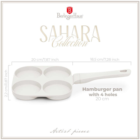 Product image of 4holes blank hamburger pan 20cm. Part of the Sahara Collection . Features: • Material: cast aluminium • Pancake pan Ø20*2,2 cm • Color: matt cream. (Studio view). Official Berlinger Haus product, boosted by Promintra sl.