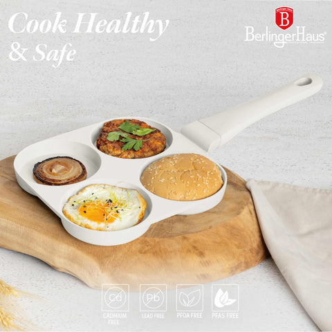 Product image of 4holes blank hamburger pan 20cm. Part of the Sahara Collection . Features: • Material: cast aluminium • Pancake pan Ø20*2,2 cm • Color: matt cream. (Studio view). Official Berlinger Haus product, boosted by Promintra sl.