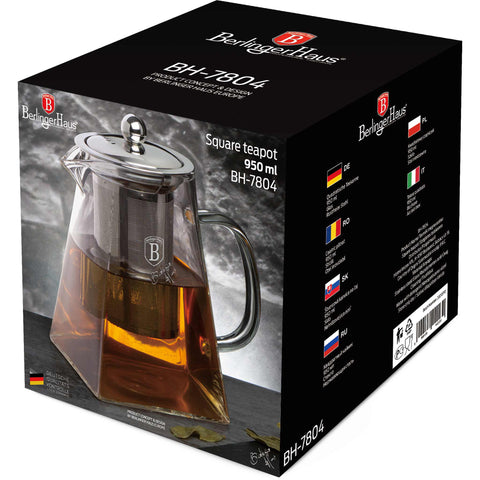 Product image of Square glass tea pot with filter 950ml. Part of the Black Vantage Collection/Matte Black Collection/Black Silver Collection/Eternal Collection . Features: • Material: borosilicate glass lid with 18/10 stainless steel filter • Capacity: 950 ml. (Giftbox view). Official Berlinger Haus product, boosted by Promintra sl.