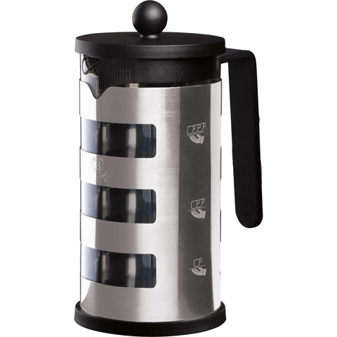 Product image of Coffee & tea plunger 600ml. Part of the Black Vantage Collection/Matte Black Collection/Black Silver Collection/Eternal Collection . Features: • Material: 18/10 stainless steel and glass • Capacity: 600 ml • Handle and knob: plastic knob, stainless steel handle with silicone • Color: stain.... (Studio view). Official Berlinger Haus product, boosted by Promintra sl.