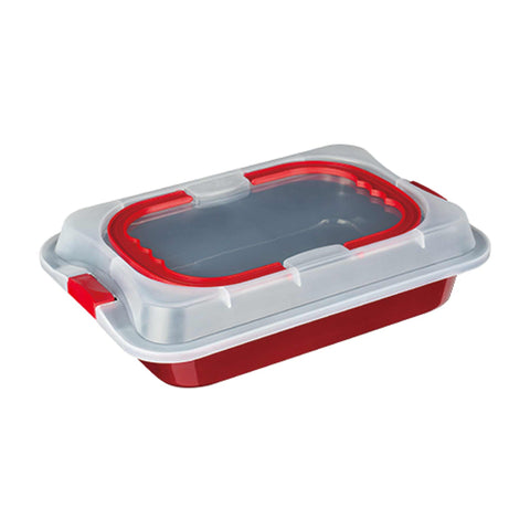 Product image of Oblong roaster with lid. Part of the Metallic Line Burgundy Edition . Features: • Material: carbon steel with titan non-stick coating, plastic cover • Size: 36*24,5*5,5 cm • Color: metallic burgundy. (Studio view). Official Berlinger Haus product, boosted by Promintra sl.