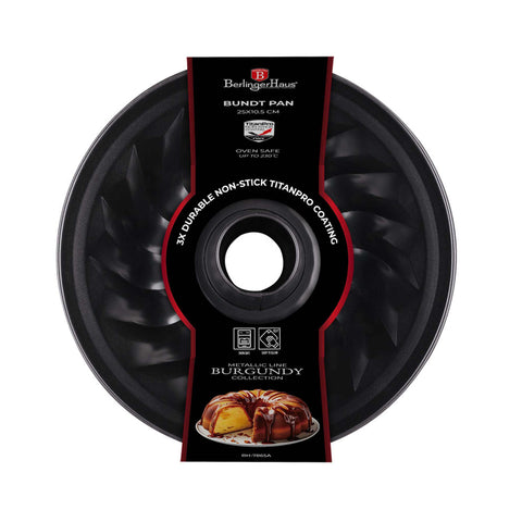 Product image of Bundt pan 25cm. Part of the Metallic Line Burgundy Edition . Features: • Material: carbon steel with titan non-stick coating • Size: 25*10,5 cm • Color: metallic burgundy. (Giftbox view). Official Berlinger Haus product, boosted by Promintra sl.