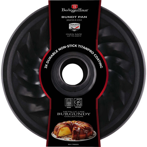 Product image of Bundt pan 25cm. Part of the Metallic Line Burgundy Edition . Features: • Material: carbon steel with titan non-stick coating • Size: 25*10,5 cm • Color: metallic burgundy. (Giftbox view). Official Berlinger Haus product, boosted by Promintra sl.