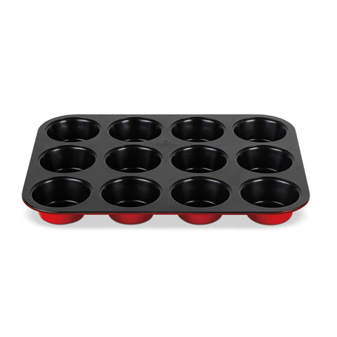 Product image of 12cups muffin pan. Part of the Metallic Line Burgundy Edition . Features: • Material: carbon steel with titan non-stick coating • Size: 35*26,5*3 cm • Color: metallic burgundy. (Studio view). Official Berlinger Haus product, boosted by Promintra sl.