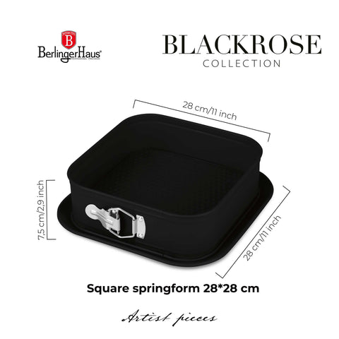 Product image of Square springform 28x28cm. Part of the Matte Black Collection/Black Rose Collection . Features: • Material: carbon steel with non-stick titanPro coating • Size: 23,8*23,8*8 cm • Base size: 28*28 cm • Color: matt black. (Studio view). Official Berlinger Haus product, boosted by Promintra sl.