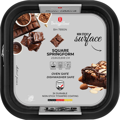Product image of Square springform 28x28cm. Part of the Matte Black Collection/Black Rose Collection . Features: • Material: carbon steel with non-stick titanPro coating • Size: 23,8*23,8*8 cm • Base size: 28*28 cm • Color: matt black. (Studio view). Official Berlinger Haus product, boosted by Promintra sl.