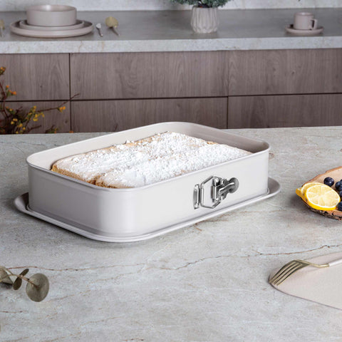 BH/7893, Molde desmontable rectangular 39x27cm, Crema mate, utensilios para hornear, molde desmontable rectangular, molde desmontable cuadrado, pastel, acoplamiento, horneado, molde desmontable