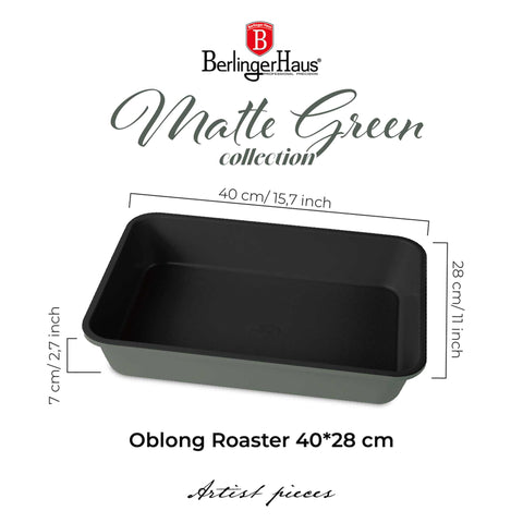 Product image of Oblong roaster 40x28cm. Part of the Matte Green Collection . Features: • Material: carbon steel with non-stick titanPro coating • Size: 40*28*7 cm • Color: matt green. (Studio view). Official Berlinger Haus product, boosted by Promintra sl.