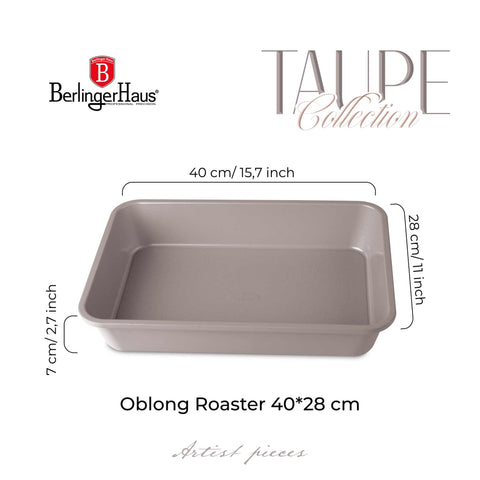 Product image of Oblong roaster 40x28cm. Part of the Taupe Collection . Features: • Material: carbon steel with non-stick titanPro coating • Size: 40*28*7 cm • Color: matt taupe. (Studio view). Official Berlinger Haus product, boosted by Promintra sl.