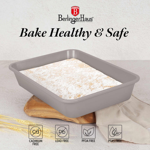 Product image of Oblong roaster 40x28cm. Part of the Taupe Collection . Features: • Material: carbon steel with non-stick titanPro coating • Size: 40*28*7 cm • Color: matt taupe. (Studio view). Official Berlinger Haus product, boosted by Promintra sl.