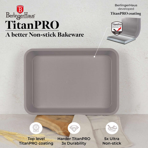 Product image of Oblong roaster 40x28cm. Part of the Taupe Collection . Features: • Material: carbon steel with non-stick titanPro coating • Size: 40*28*7 cm • Color: matt taupe. (Studio view). Official Berlinger Haus product, boosted by Promintra sl.