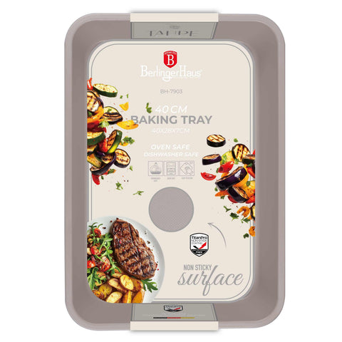 Product image of Oblong roaster 40x28cm. Part of the Taupe Collection . Features: • Material: carbon steel with non-stick titanPro coating • Size: 40*28*7 cm • Color: matt taupe. (Studio view). Official Berlinger Haus product, boosted by Promintra sl.