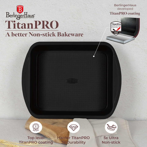 Product image of Oblong roaster 40x28,5cm. Part of the Leonardo Collection . Features: • Material: carbon steel with titanPro non-stick coating • Size: 40*28,5*7 cm • Color: matt bordeaux. (Studio view). Official Berlinger Haus product, boosted by Promintra sl.