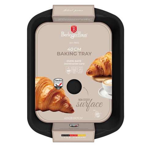 Product image of Oblong roaster 40x28,5cm. Part of the Leonardo Collection . Features: • Material: carbon steel with titanPro non-stick coating • Size: 40*28,5*7 cm • Color: matt bordeaux. (Studio view). Official Berlinger Haus product, boosted by Promintra sl.