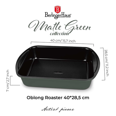 Product image of Oblong roaster 40x28,5cm. Part of the Matte Green Collection . Features: • Material: carbon steel with titanPro non-stick coating • Size: 40*28,5*7 cm • Color: matt green. (Studio view). Official Berlinger Haus product, boosted by Promintra sl.