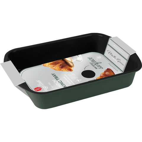 Product image of Oblong roaster 40x28,5cm. Part of the Matte Green Collection . Features: • Material: carbon steel with titanPro non-stick coating • Size: 40*28,5*7 cm • Color: matt green. (Studio view). Official Berlinger Haus product, boosted by Promintra sl.