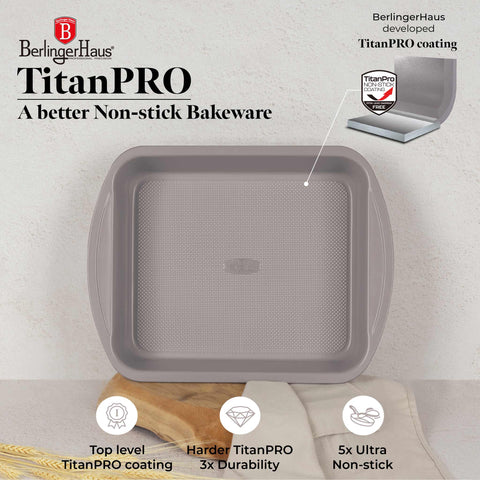 Product image of Oblong roaster 40x28,5cm. Part of the Taupe Collection . Features: • Material: carbon steel with titanPro non-stick coating • Size: 40*28,5*7 cm • Color: matt taupe. (Studio view). Official Berlinger Haus product, boosted by Promintra sl.