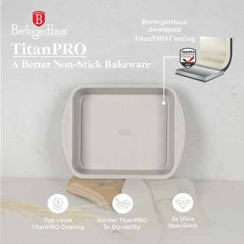 Product image of Oblong roaster 40x28,5cm. Part of the Sahara Collection . Features: • Material: carbon steel with titanPro non-stick coating • Size: 40*28,5*7 cm • Color: matt cream. (Studio view). Official Berlinger Haus product, boosted by Promintra sl.