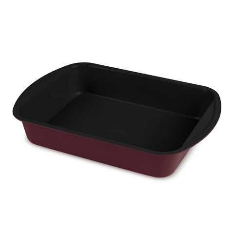 Product image of Oblong roaster 35x27cm. Part of the Leonardo Collection . Features: • Material: carbon steel with titanPro non-stick coating • Size: 35*27*6,5 cm • Color: matt bordeaux. (Studio view). Official Berlinger Haus product, boosted by Promintra sl.