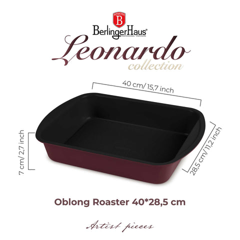 Product image of Oblong roaster 35x27cm. Part of the Leonardo Collection . Features: • Material: carbon steel with titanPro non-stick coating • Size: 35*27*6,5 cm • Color: matt bordeaux. (Studio view). Official Berlinger Haus product, boosted by Promintra sl.