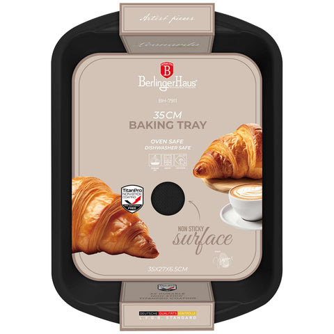 Product image of Oblong roaster 35x27cm. Part of the Leonardo Collection . Features: • Material: carbon steel with titanPro non-stick coating • Size: 35*27*6,5 cm • Color: matt bordeaux. (Studio view). Official Berlinger Haus product, boosted by Promintra sl.