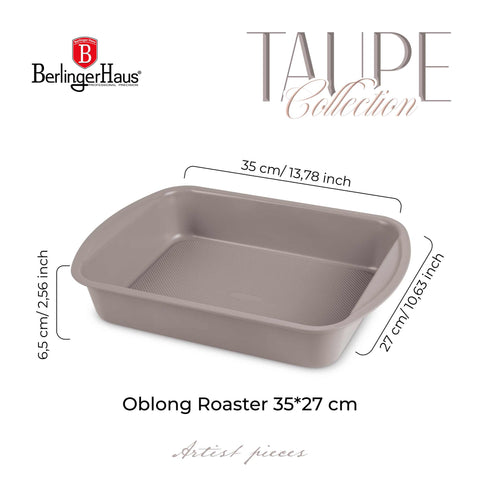 Product image of Oblong roaster 35x27cm. Part of the Taupe Collection . Features: • Material: carbon steel with titanPro non-stick coating • Size: 35*27*6,5 cm • Color: matt taupe. (Studio view). Official Berlinger Haus product, boosted by Promintra sl.