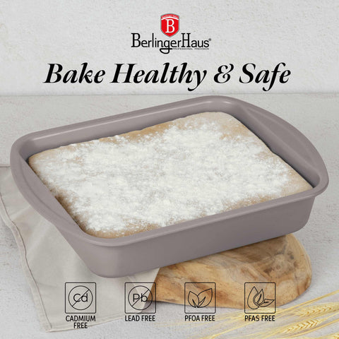 Product image of Oblong roaster 35x27cm. Part of the Taupe Collection . Features: • Material: carbon steel with titanPro non-stick coating • Size: 35*27*6,5 cm • Color: matt taupe. (Studio view). Official Berlinger Haus product, boosted by Promintra sl.