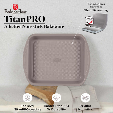 Product image of Oblong roaster 35x27cm. Part of the Taupe Collection . Features: • Material: carbon steel with titanPro non-stick coating • Size: 35*27*6,5 cm • Color: matt taupe. (Studio view). Official Berlinger Haus product, boosted by Promintra sl.