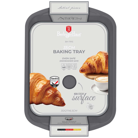 Product image of Oblong roaster 35x27cm. Part of the Aspen Collection . Features: • Material: carbon steel with titanPro non-stick coating • Size: 35*27*6,5 cm • Color: matt grey. (Lifestyle view). Official Berlinger Haus product, boosted by Promintra sl.