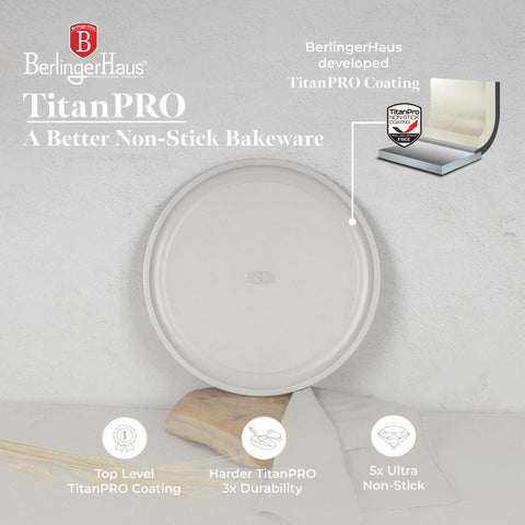 Product image of Pizza pan 36cm. Part of the Sahara Collection . Features: • Material: carbon steel with titanPro non-stick coating • Size: 36*1,1 cm • Color: matt cream. (Studio view). Official Berlinger Haus product, boosted by Promintra sl.
